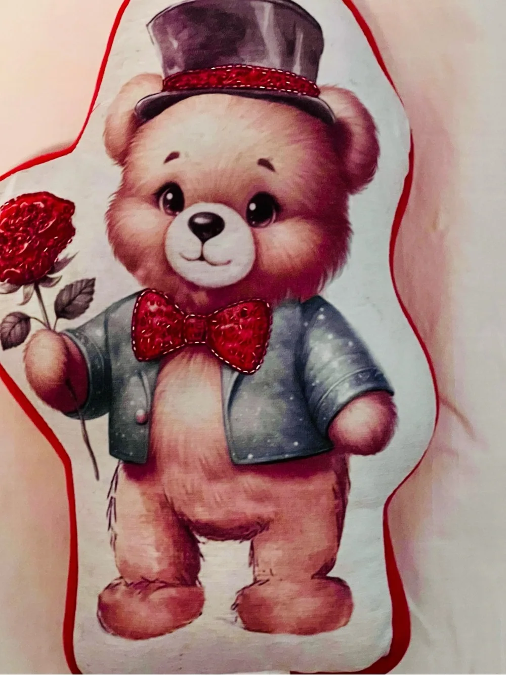 Plush Teddy Bear Accent Pillow in Red with Top Hat Design
